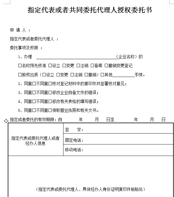 指定代表或者共同委托代理人授權委托書